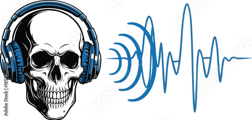 A skull wearing large headphones emits sound waves and an audio waveform.