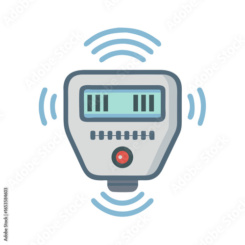 Vector art of a modern digital device with a screen and buttons, emitting wireless signals