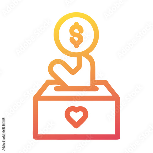 Vector art of a hand drops a dollar coin into a donation box with a heart symbol, symbolizing generosity and charitable giving