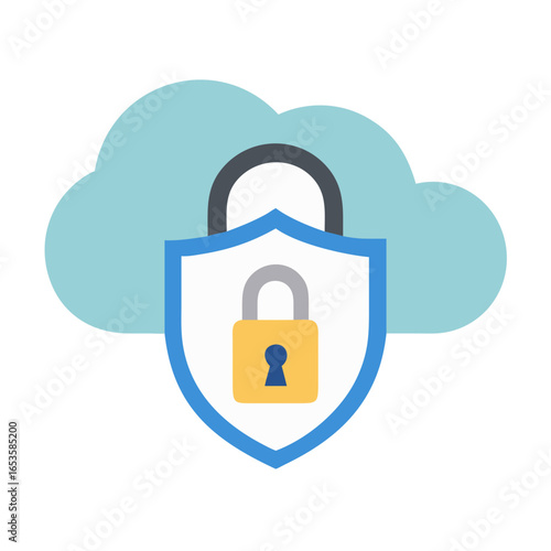 Vector art of a blue shield with a yellow padlock and a gray shackle is superimposed on a light blue cloud, symbolizing cloud security and data protection
