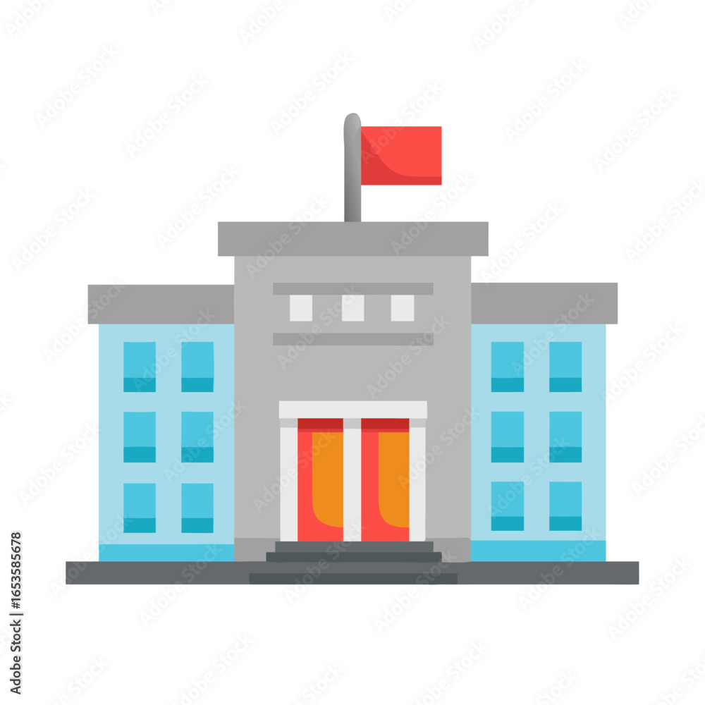 Obraz premium Vector art of a modern flat illustration of a government building with a red flag on top, featuring blue windows and double red doors