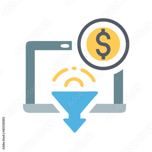 Vector art of a digital icon depicting a funnel with a dollar coin above it, symbolizing financial income and online business transactions