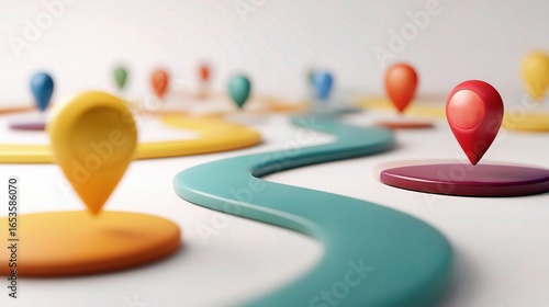 Abstract customer journey concept with colorful location markers on a winding path, symbolizing business progress, transformation, strategy, and digital growth.