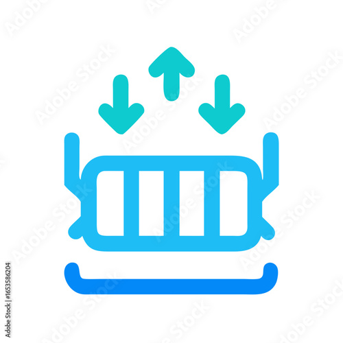 Vector art of a blue and teal icon illustrating airflow with arrows pointing up and down towards a central structure