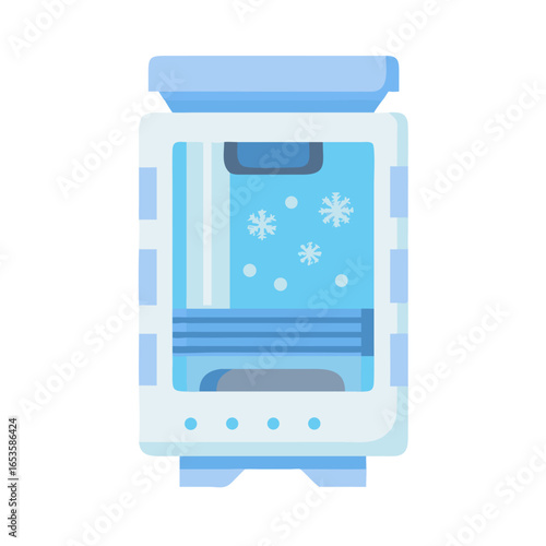 Vector art of a modern blue air cooler with snowflakes inside, isolated on a white background