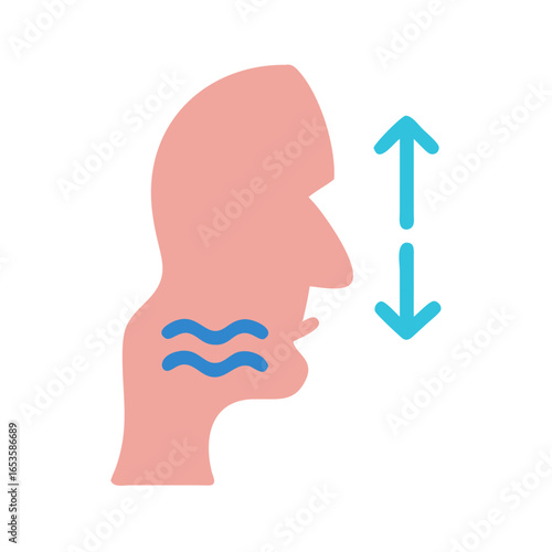 Vector art of a simplified illustration of a human profile with wavy lines indicating airflow and arrows showing upward and downward movement