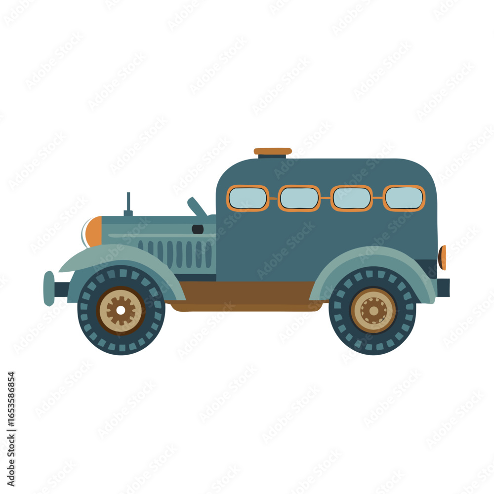 Fototapeta premium Vector art of a vintage blue automobile with brown accents and multiple windows, isolated on a white background