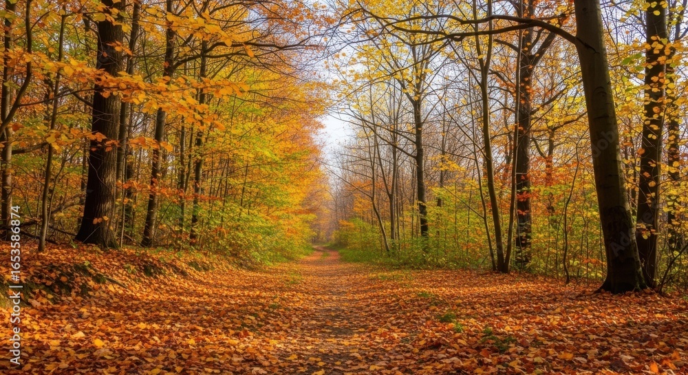 Obraz premium Golden autumn forest path covered in fallen leaves and sunlight