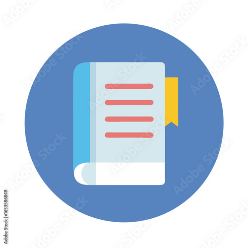 Vector art of a stylized flat icon of an open book with a bookmark, set against a solid blue circular background, representing knowledge and education