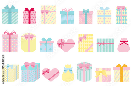 リボン付きのかわいいギフトボックスやプレゼントの詰め合わせセット。誕生日やクリスマス、バレンタインなどのお祝いシーンに使えるカラフルなベクターイラスト素材｜プレゼント,ギフト,リボン
