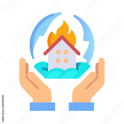 Vector art of hands carefully protect a house from fire and flood, symbolizing insurance and safety