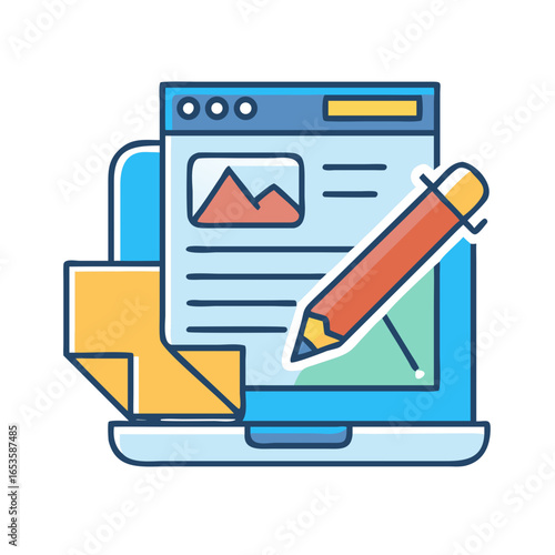 Vector art of a creative illustration depicts a laptop with a webpage open, a pencil poised for writing, and documents nearby, symbolizing content creation and digital work