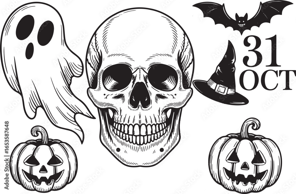 Fototapeta premium Spooky Halloween Graphics Featuring a Skull, Ghost, Pumpkins, Bat, Witch Hat, and the Date 31 OCT, all in Black and White