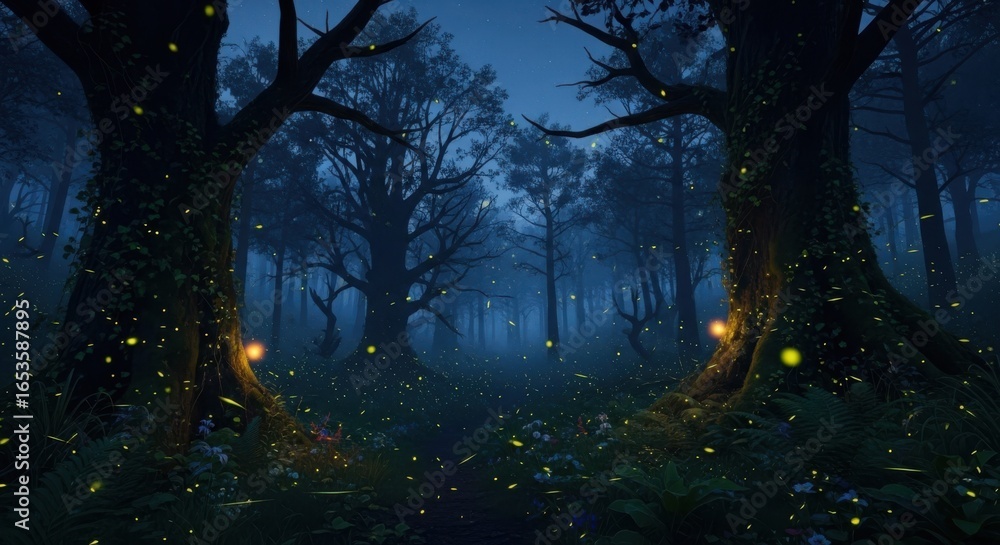 Fototapeta premium Enchanted forest path illuminated by mystical lanterns at twilight