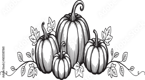 Elegant Pumpkin Patch Vector Illustration A Festive Design Featuring Pumpkins and Vines for Autumn Celebrations