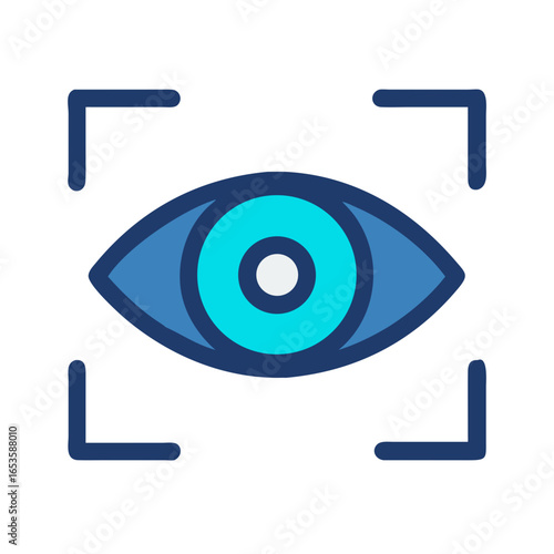 Vector art of a stylized blue eye is captured within a digital scanning frame, symbolizing vision, security, and biometric identification