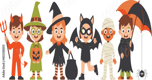 Halloween Fun A Group of Kids in Costume Celebrating Trick or Treating for a Fun Holiday Gathering
