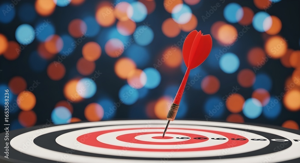 Fototapeta premium Dart in Bulls-Eye Target with Bokeh Lights Precision Aim and Accurate Success