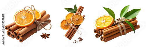 Aromatic cinnamon sticks and dried orange slices arrangement