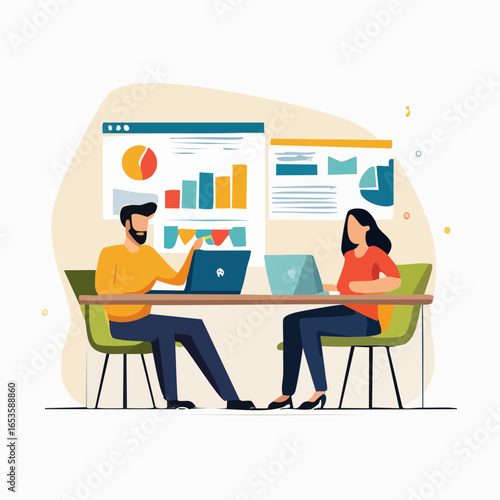 Illustration of India’s startup culture. Young entrepreneurs collaborating in a modern workspace with laptops and innovation ideas. Suitable for business and education projects.