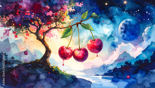 Watercolor Painting of a Cherry Tree with Red Fruits in front of a Night Sky and Mountain Landscape