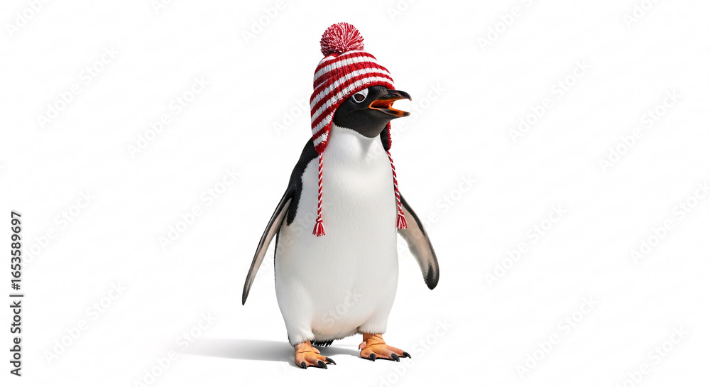 Obraz premium Penguin wearing a striped winter hat with a pom pom standing on a plain white background looking right on transparent background
