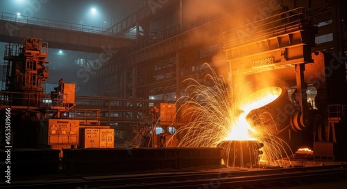 Molten Metal Pouring and Sparks in a Steel Mill Production Facility