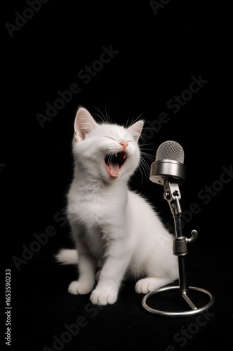 White kitten yawning beside a microphone on a black background