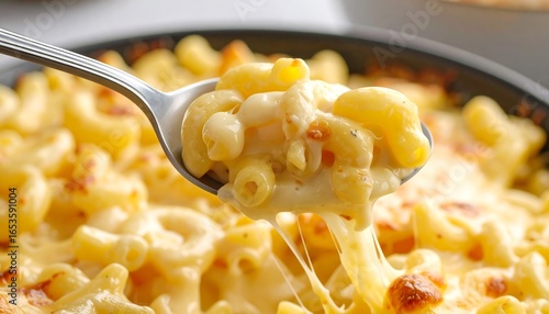 Cheesy macaroni and cheese on a spoon