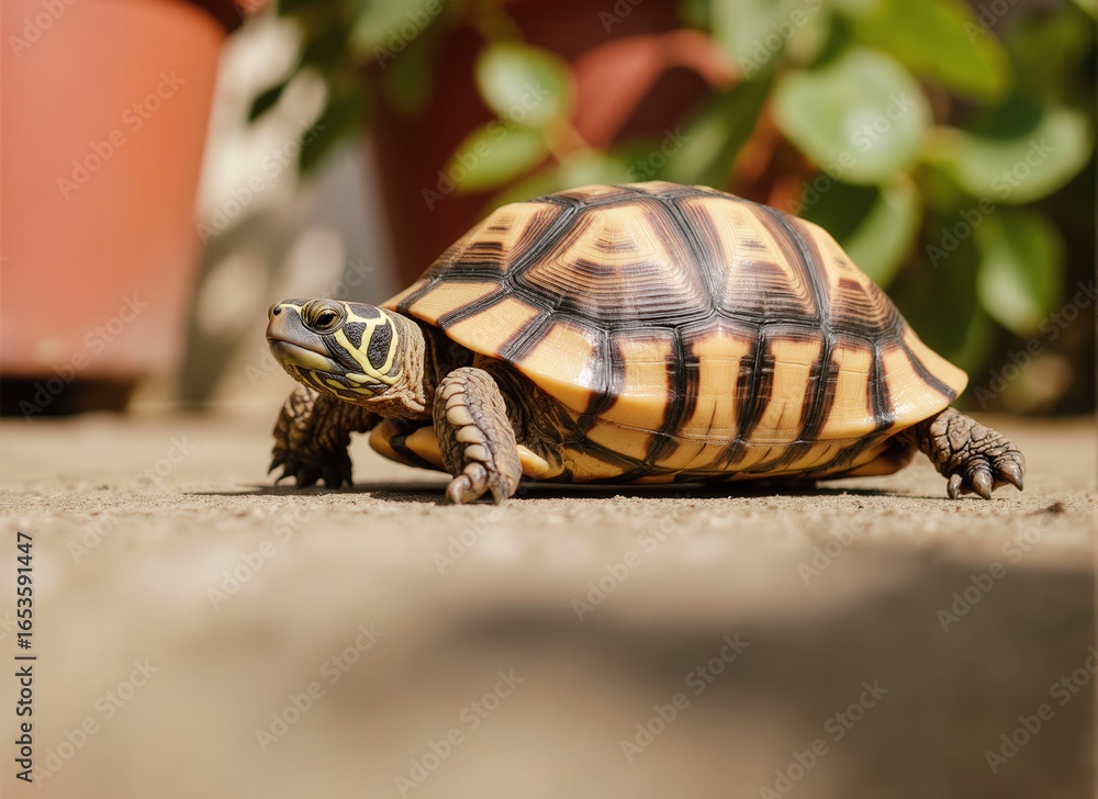 Obraz premium A small tortoise with a patterned shell walking on a paved surface near potted plants.
