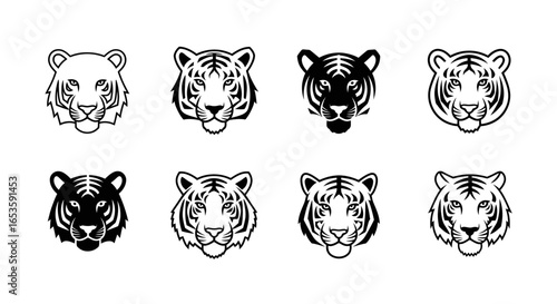 Monochrome Tiger Head Illustrations: A Set of Vector Graphics Depicting Various Stylized Tiger Faces with Differing Stripe Patterns and Facial Expressions Presented in a Clean and Consistent Style