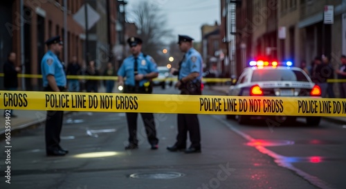 Police officers standing behind crime scene tape, investigating an incident on city street.