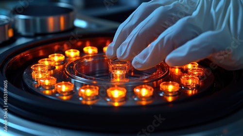 Lab technician adjusts a centrifuge with glowing sample holders