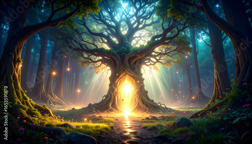Majestic Tree Illuminated In A Dense Forest With Sunlight Creating An Enchanted Atmosphere And A Mystical Path