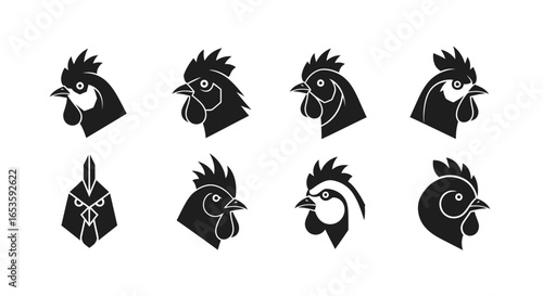Rooster Silhouette Collection: A versatile resource showcasing dynamically stylized rooster head silhouettes, perfect for branding, illustration, or any design needing avian charm and a touch of