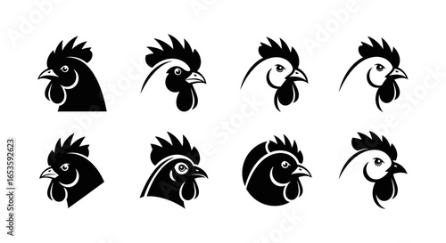 Vector Illustration Collection of Rooster Head Silhouettes: A Set of Poultry Graphics with a Variety of Black and White Designs for Farm Animals and Agriculture Related Projects
