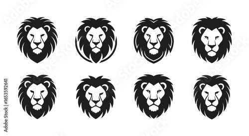 A collection of eight unique lion head vector illustrations, each with distinct mane styles and facial expressions conveying strength, majesty, and regal confidence perfect for various designs