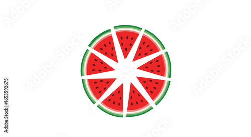 Stylized watermelon slices arranged in a circle with a central void offering a refreshing graphic representation of summer fruit and its juicy allure showcasing simplistic design