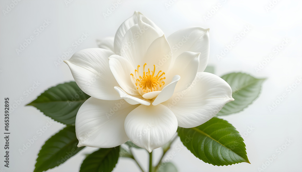 Obraz premium Pure white gardenia blossom showcasing intricate petal details against seamless white