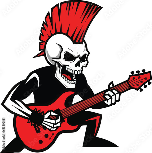 A cartoon skeleton with a red mohawk and guitar, playing rock music passionately.