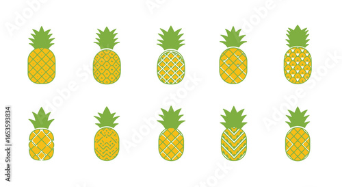 A vibrant collection of illustrated pineapple icons, each adorned with unique patterns and textures, embodying a blend of tropical freshness and artistic expression perfect for designs promoting