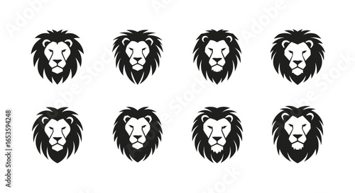 Collection of strong and bold lion head icons, showcasing majestic felines with stylized manes, perfect for branding logos and symbolic representations of courage and strength in graphic design