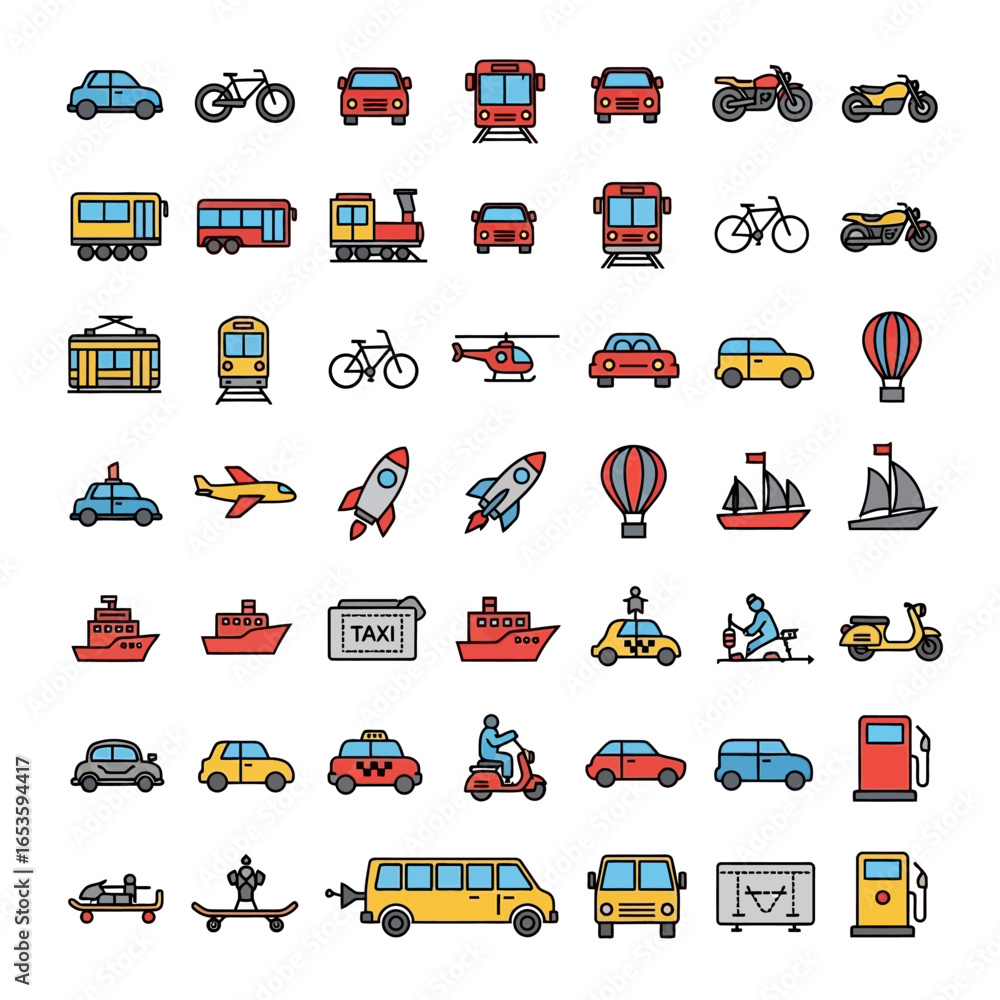 Obraz premium Colorful transportation icons representing travel, commuting, and city life for versatile design needs