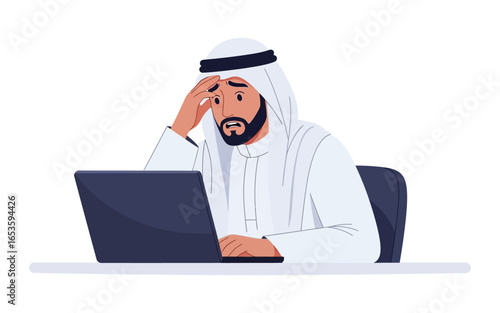 Stressed Arab Man Using Laptop Worried Expression 1.