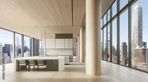 A sleek, modern kitchen a large island green stools boasts stunning panoramic city views through expansive windows, complemented light wood columns ceilings.