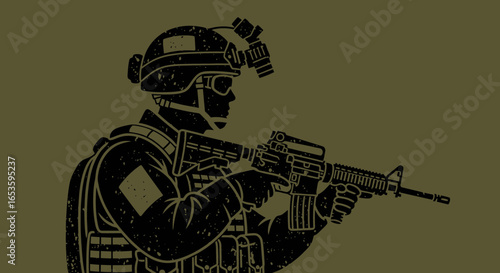 Detailed vector illustration of a soldier armed with a rifle in action