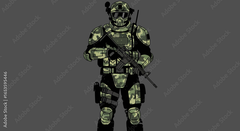 Fully Equipped Camouflaged Soldier Standing Guard on Isolated Background Fully Equipped Camouflaged Soldier Standing Guard on Isolated Background