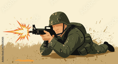 Focused soldier firing rifle during military training exercise outdoors