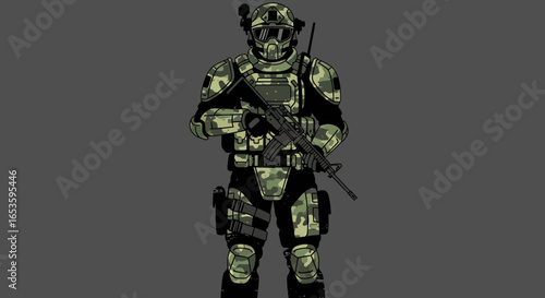 Fully Equipped Camouflaged Soldier Standing Guard on Isolated Background