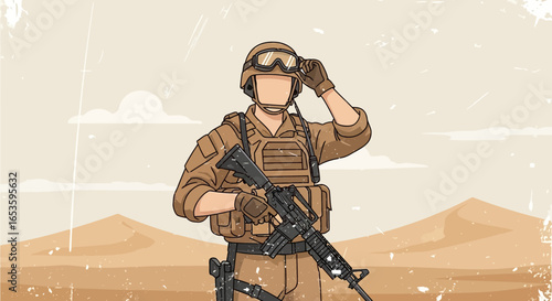 Illustration of a faceless soldier in combat gear against a desert backdrop